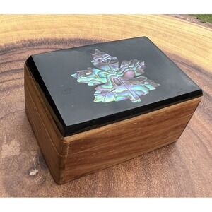 Wood Trinket Jewelry Box Abalone Mother of Pearl Maple Leaf Inlay Lacquer Lid